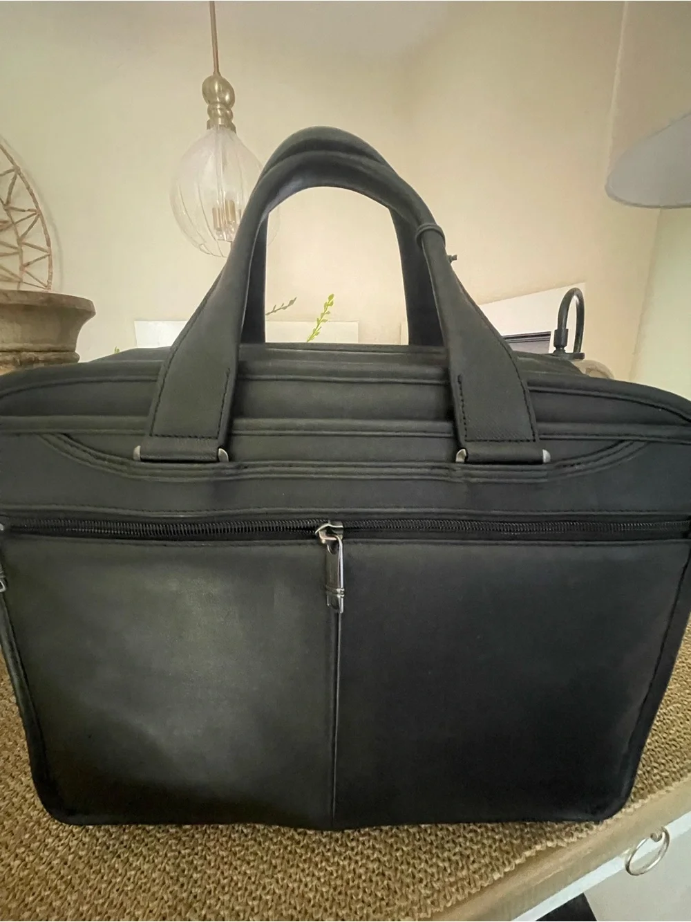Tumi Black Leather Laptop Briefcase with Front Zip Pockets